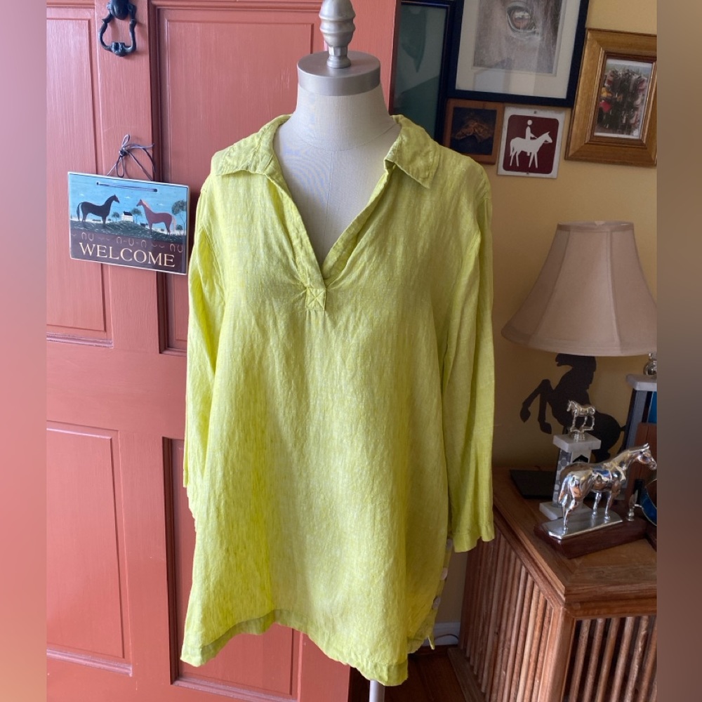 lemon lime citron linen tahari shirt top blouse tunic